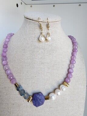 Amethyst Pearl Charoite Gemstone Necklace Set Gold Tone Adjustable 18-22"